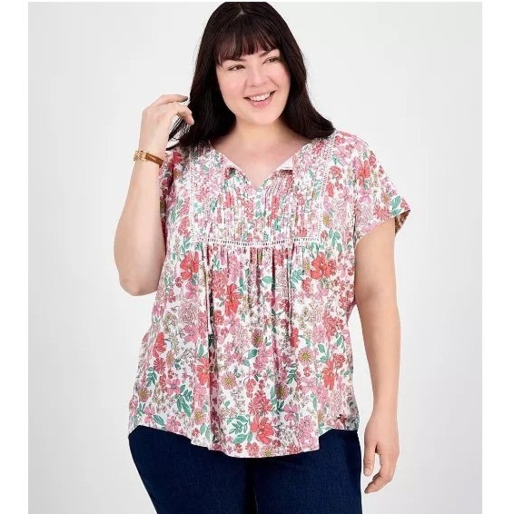 Tommy Hilfiger Women's 3X Floral Print V Neck Tie Short Sleeve Blouse‎ Top